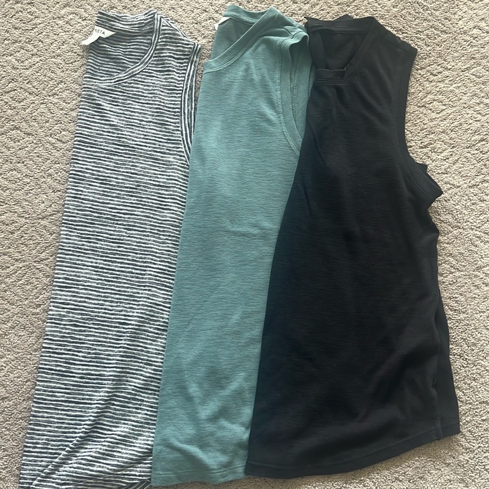 3 Athleta Breezy Tank Tops. Black/ Seaform/ Strip Size M
